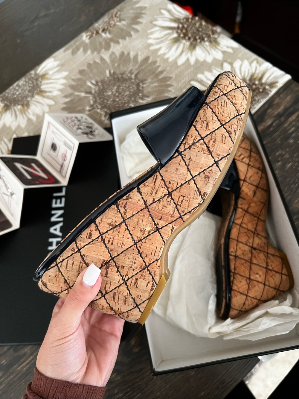 CHANEL Quilted Cork-Pattern Slip-On Loafers with Black Patent Trim 2007